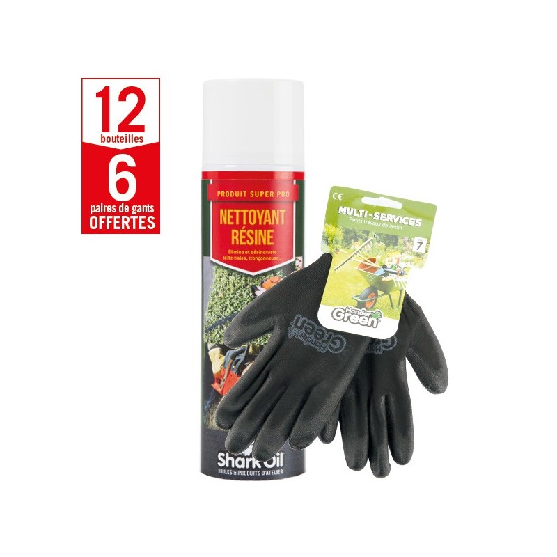 12 aérosols dissolvant résine Shark Oil + 6 paires de gants Multi-services HanderGreen OFFERTES
