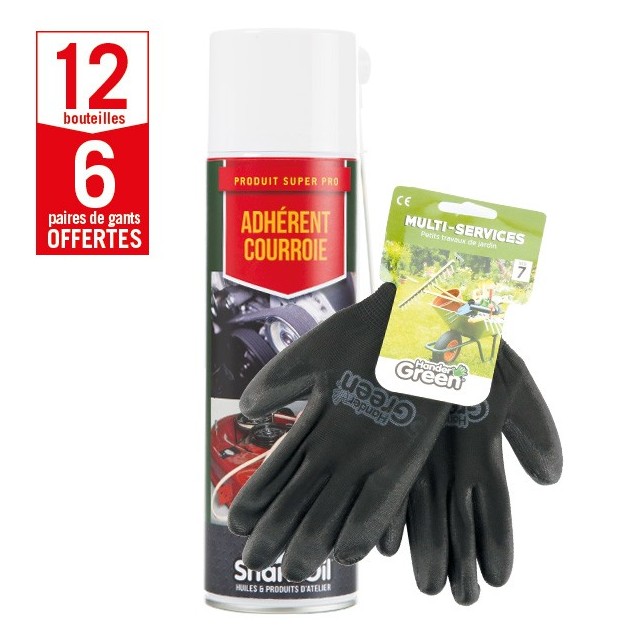 12 aérosols adhérent courroie Shark Oil + 6 paires de gants Multi-services HanderGreen OFFERTES
