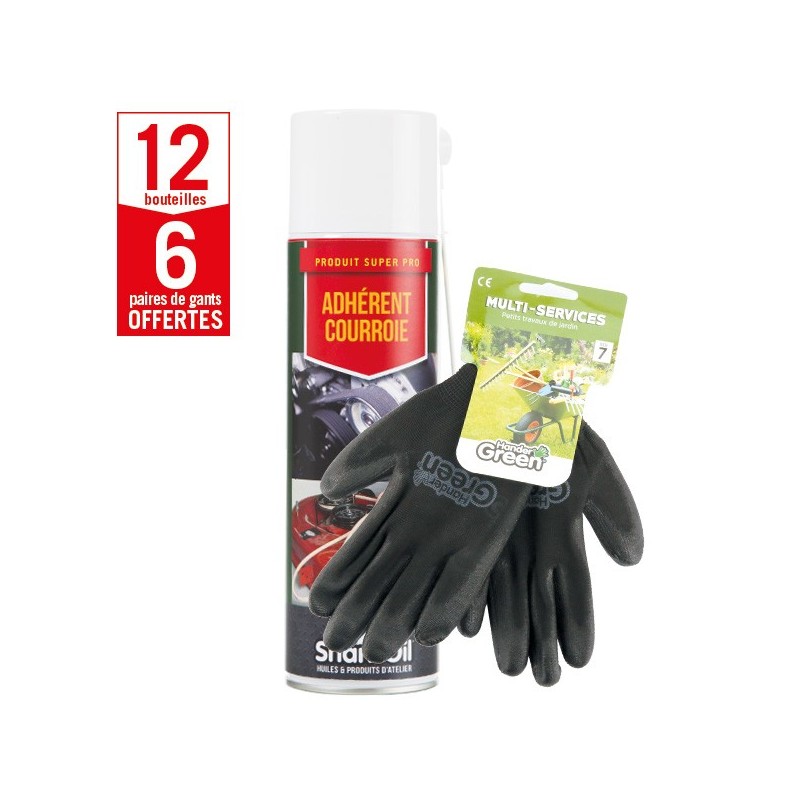 12 aérosols adhérent courroie Shark Oil + 6 paires de gants Multi-services HanderGreen OFFERTES
