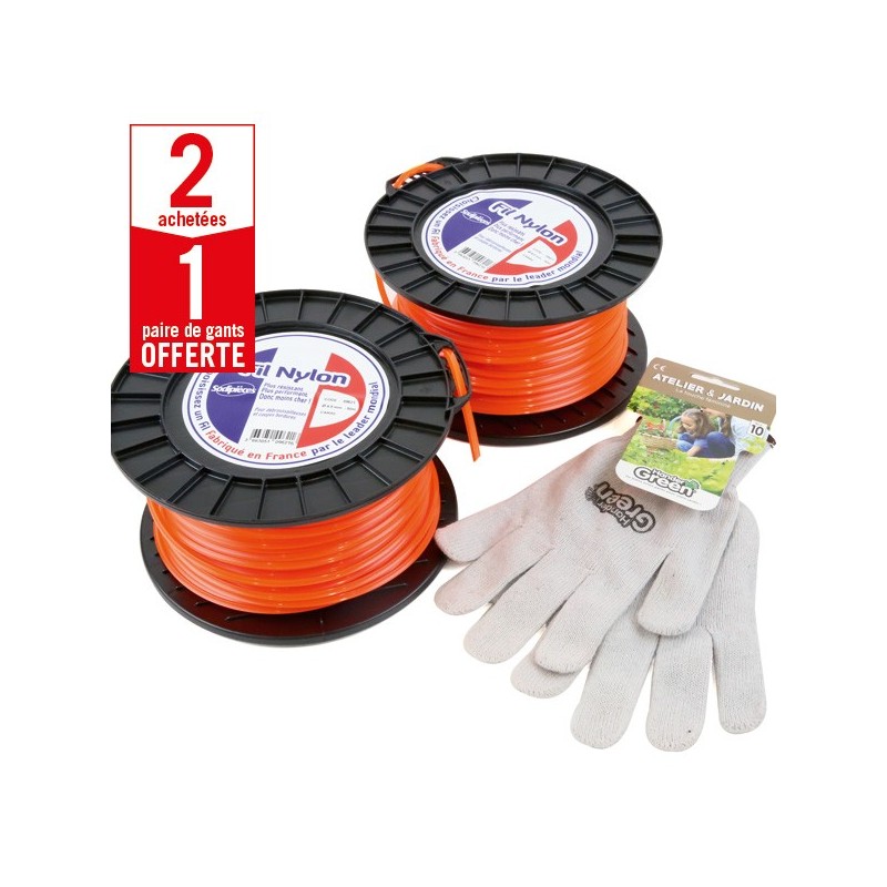 2 bobines Fil Nylon 4 mm x 50 m carré orange + 1 paire de gants Anti-dérapant HanderGreen OFFERTE