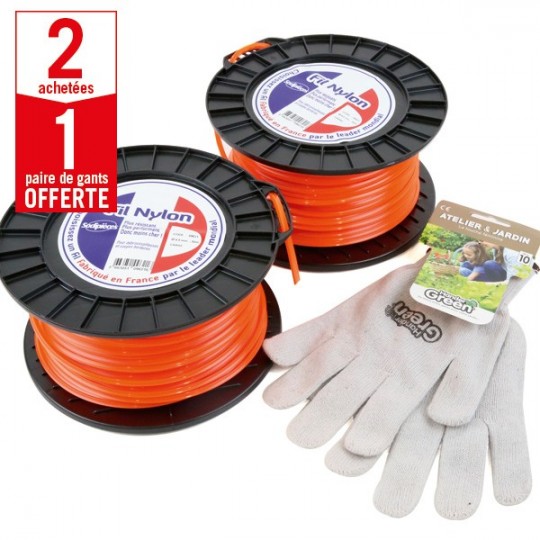 2 bobines Fil Nylon 4 mm x 50 m carré orange + 1 paire de gants Anti-dérapant HanderGreen OFFERTE
