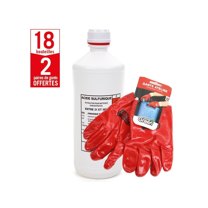 18 bouteilles acide batterie 1 litre + 2 paires de gants Produits Atelier HanderGreen OFFERTES