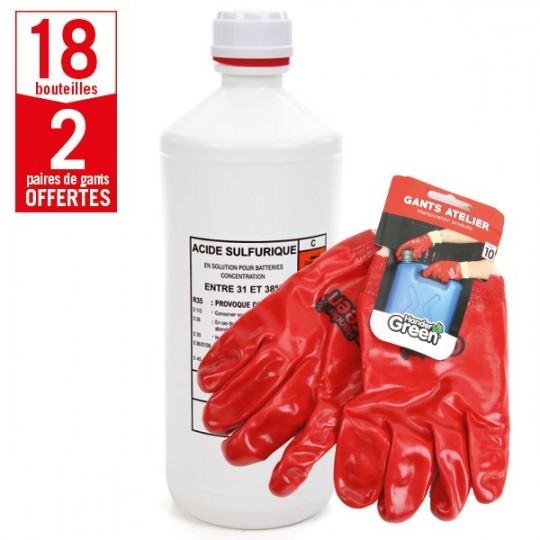 18 bouteilles acide batterie 1 litre + 2 paires de gants Produits Atelier HanderGreen OFFERTES