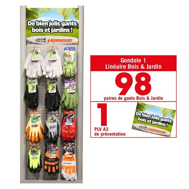 Linéaire gants Bois & Jardin. 98 paires de gants