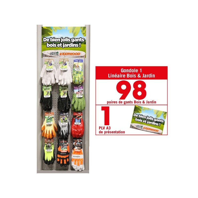 Linéaire gants Bois & Jardin. 98 paires de gants