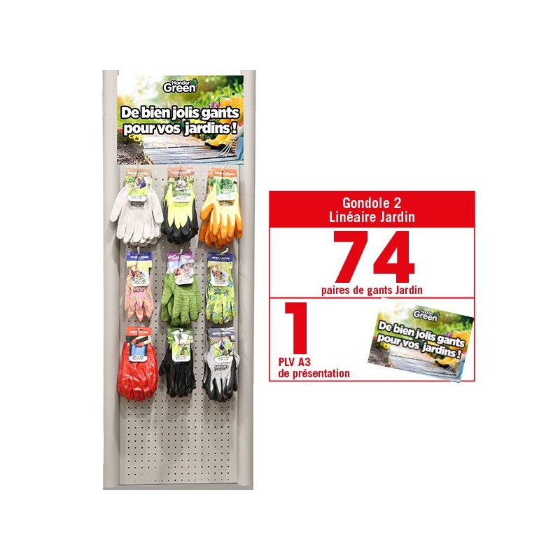 Linéaire gants Jardin. 74 paires de gants HanderGreen