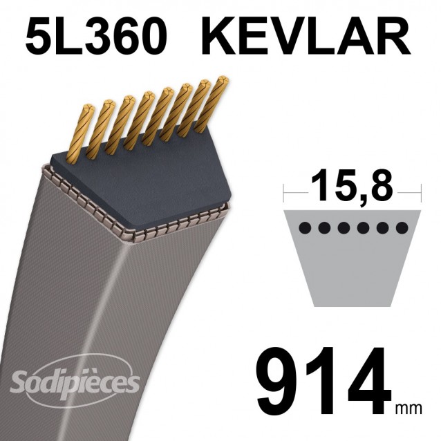 Courroie tondeuse 5L36 Kevlar Trapézoïdale. 15,8 mm x 914 mm.