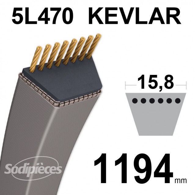 Courroie tondeuse 5L47 Kevlar Trapézoïdale. 15,8 mm x 1194 mm. Courroie tondeuse 5L47 Kevlar Trapézoïdale. 15,8 mm x 1194 mm.