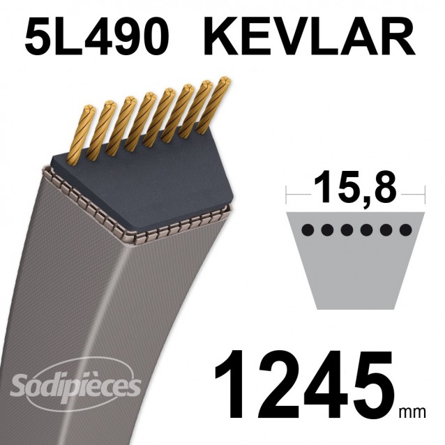 Courroie tondeuse 5L49 Kevlar Trapézoïdale. 15,8 mm x 1245 mm. Courroie tondeuse 5L49 Kevlar Trapézoïdale. 15,8 mm x 1245 mm.