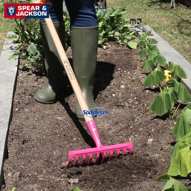 Rateau Spear & Jackson 10 dents avec manche bois. Rose