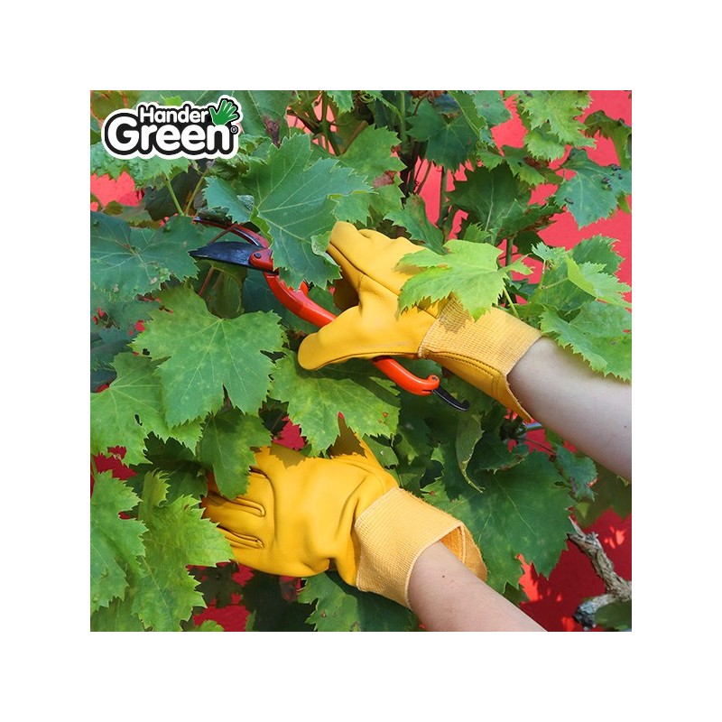Gants jaune. Cuir et jardin. HanderGreen® T10