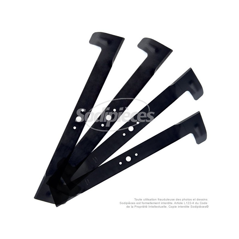 Kit 4 lames. Pour Castelgarden, Honda, Iseki, John Deere, Sabo, Solo, Stiga, Viking. Coupe 122 cm