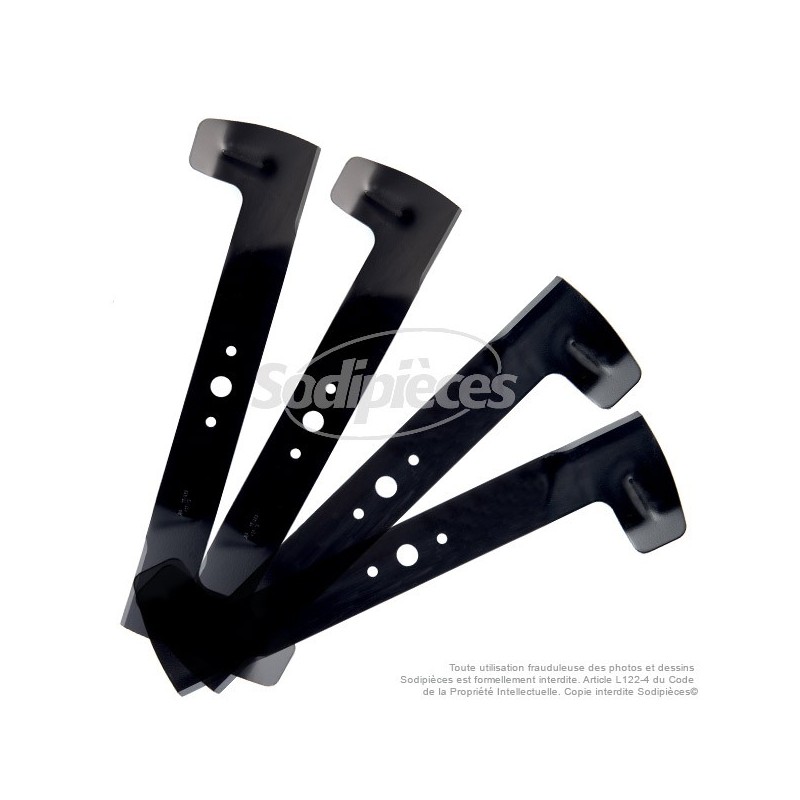 Kit 4 lames. Pour Castelgarden, Honda, Iseki, John Deere, Sabo, Solo, Stiga, Viking. Coupe 92 cm