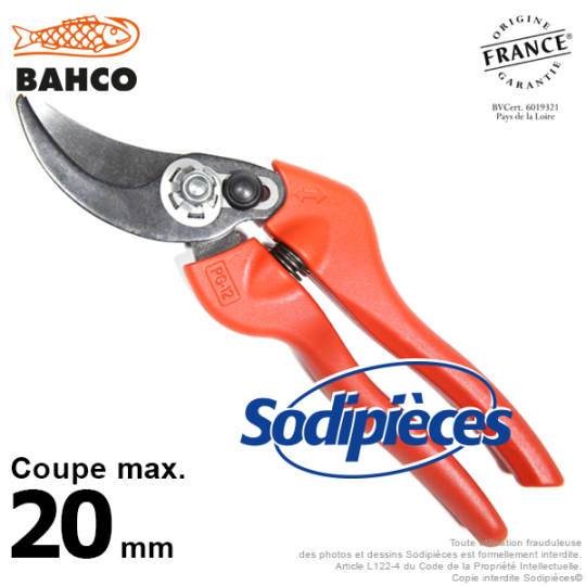 Sécateur à lames acier trempé Bahco Pradines PG-12-F. 20 mm. Qualité Prix. Fabriqué en France