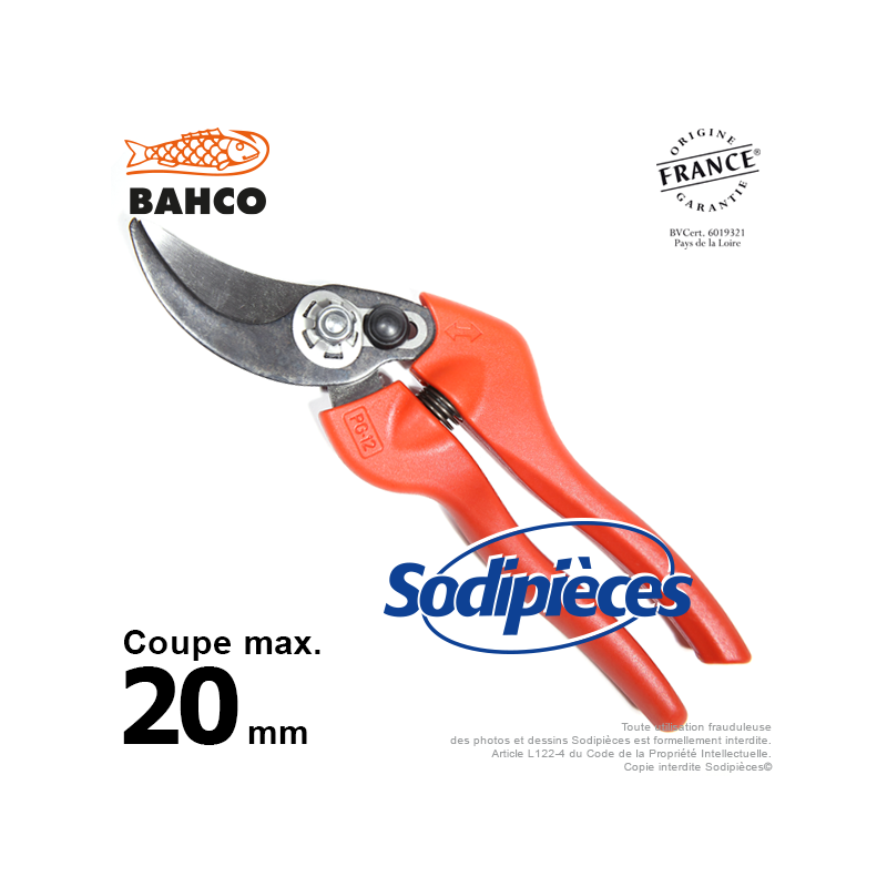 Sécateur à lames acier trempé Bahco Pradines PG-12-F. 20 mm. Qualité Prix. Fabriqué en France