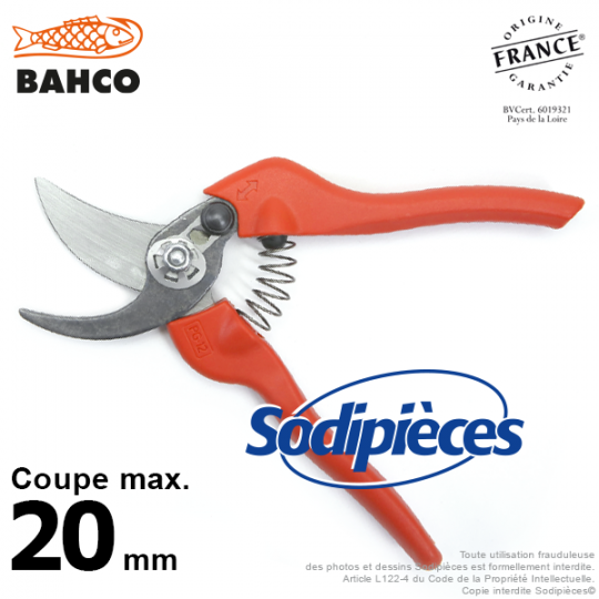 Sécateur à lames acier trempé Bahco Pradines PG-12-F. 20 mm. Qualité Prix. Fabriqué en France