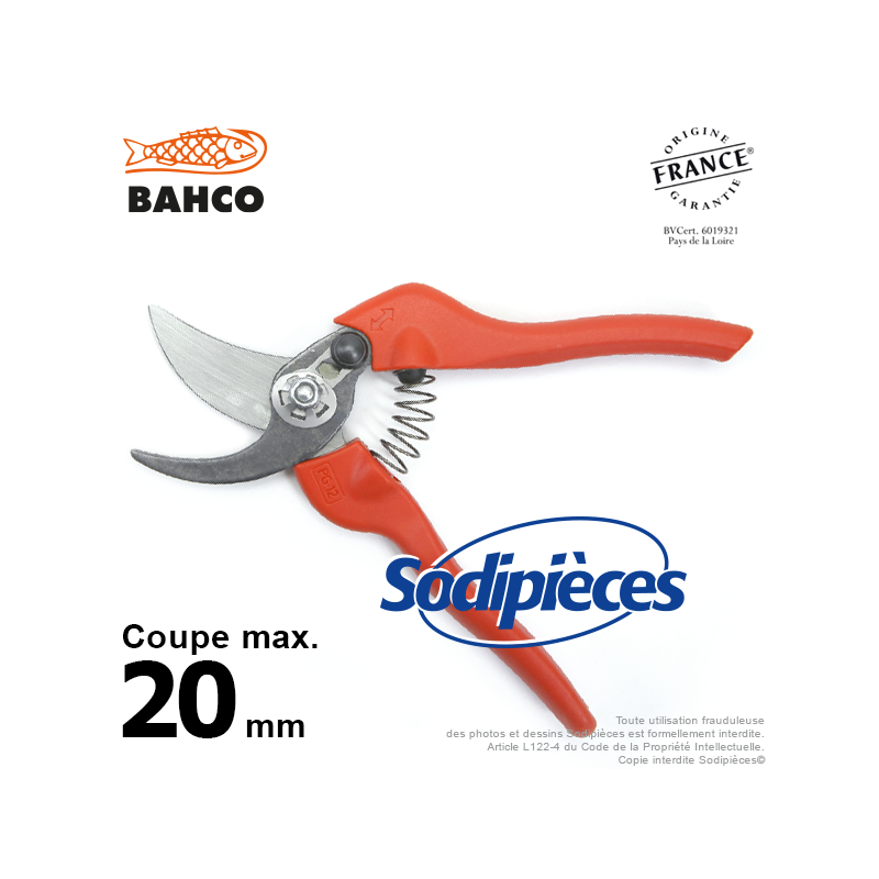 Sécateur à lames acier trempé Bahco Pradines PG-12-F. 20 mm. Qualité Prix. Fabriqué en France