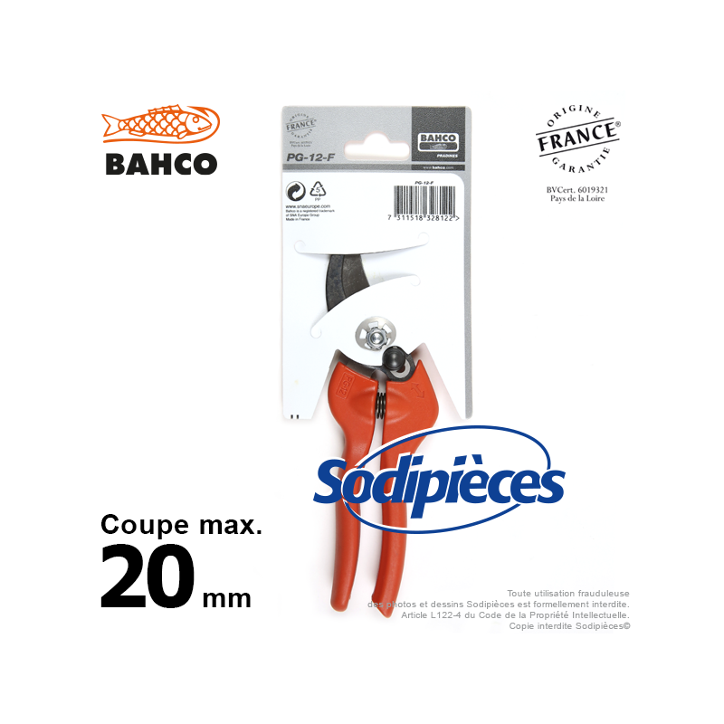 Sécateur à lames acier trempé Bahco Pradines PG-12-F. 20 mm. Qualité Prix. Fabriqué en France
