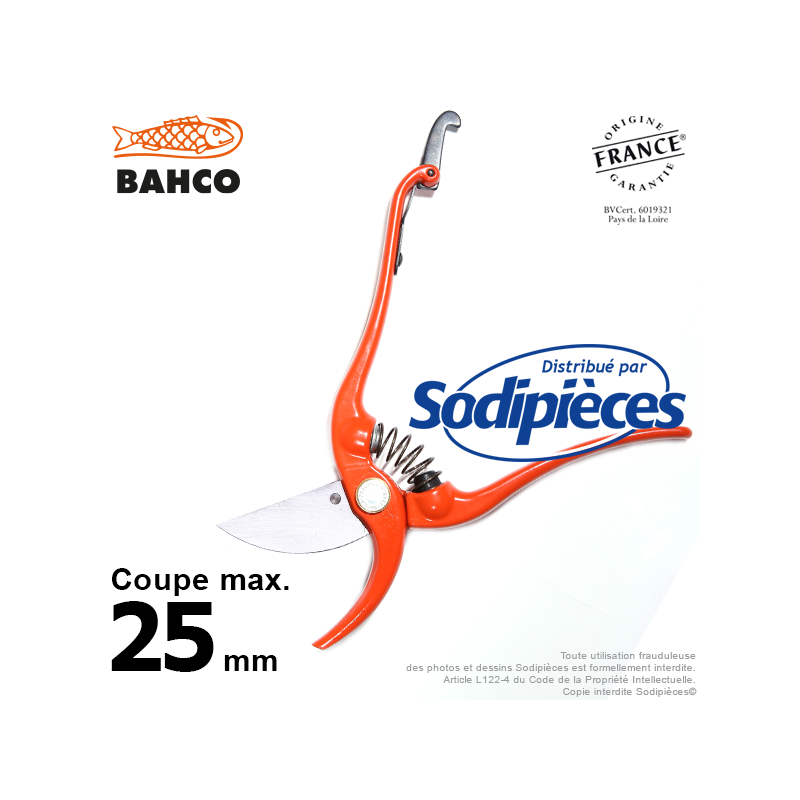 Sécateur à lames acier trempé Bahco Pradines P3-23-F. 25 mm. Professionnel. Fabriqué en France