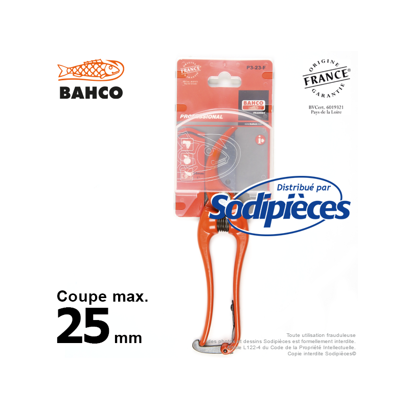 Sécateur à lames acier trempé Bahco Pradines P3-23-F. 25 mm. Professionnel. Fabriqué en France
