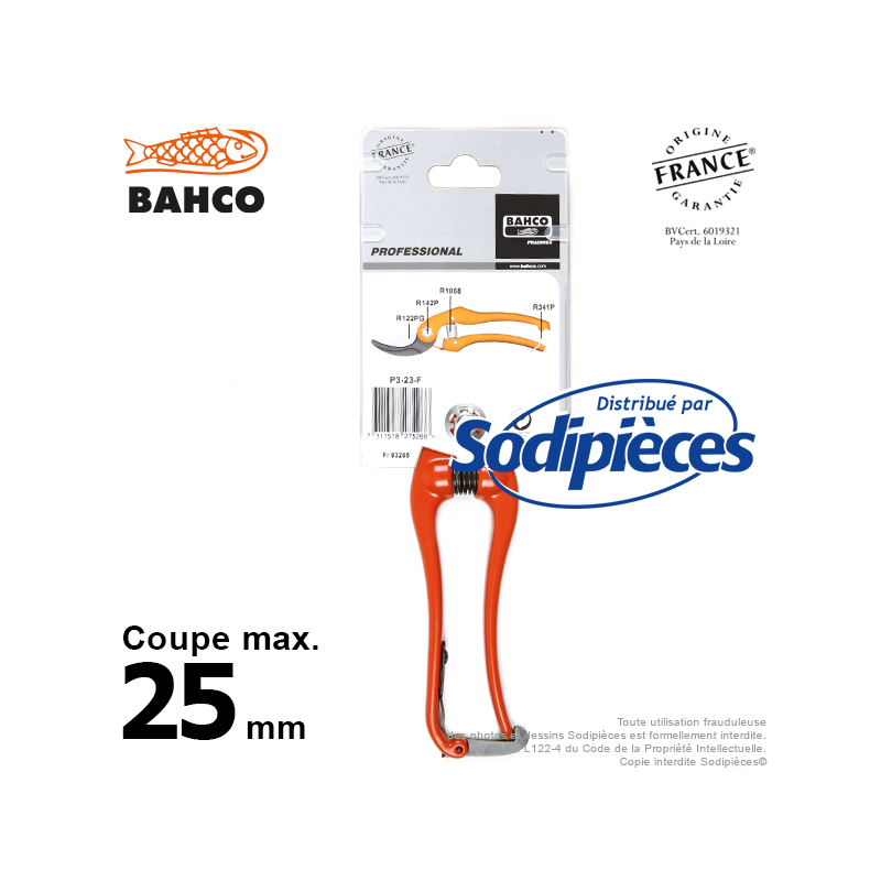 Sécateur à lames acier trempé Bahco Pradines P3-23-F. 25 mm. Professionnel. Fabriqué en France