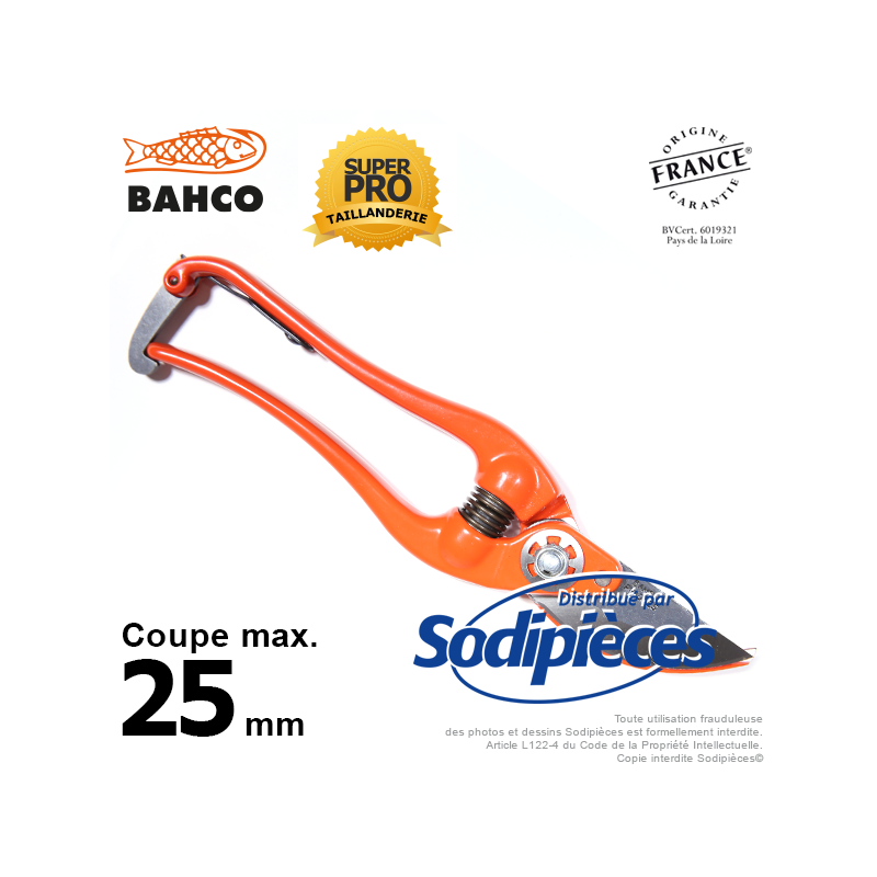 Sécateur à lames acier trempé Bahco Pradines P3-23-F. 25 mm. Professionnel. Fabriqué en France