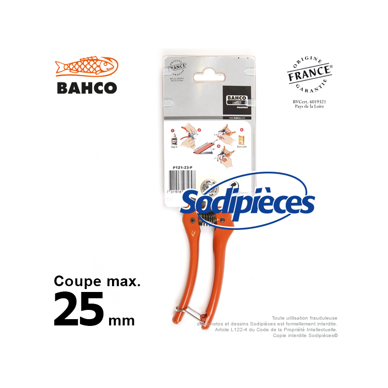 Sécateur à lames acier trempé Bahco Pradines P121-23-F. 25 mm. L'historique. Fabriqué en France
