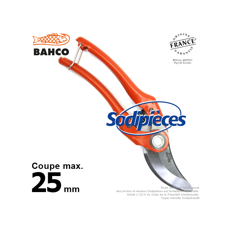 Sécateur à lames acier trempé Bahco Pradines P121-23-F. 25 mm. L'historique. Fabriqué en France