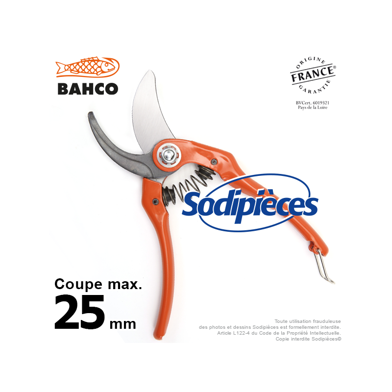 Sécateur à lames acier trempé Bahco Pradines P121-23-F. 25 mm. L'historique. Fabriqué en France