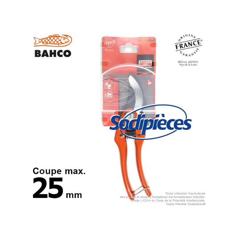 Sécateur à lames acier trempé Bahco Pradines P121-23-F. 25 mm. L'historique. Fabriqué en France