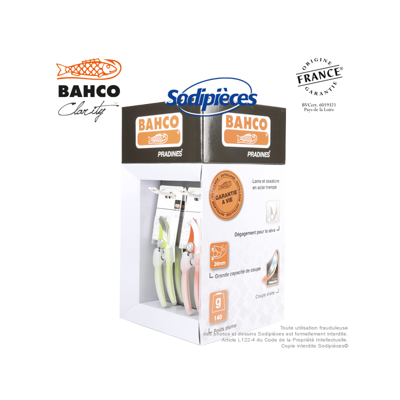 Présentoir sécateur Clarity Bahco Pradines. 12 sécateurs acier trempé. Rose, bleu, vert, orange