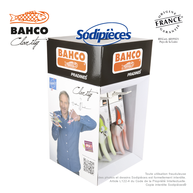 Présentoir sécateur Clarity Bahco Pradines. 12 sécateurs acier trempé. Rose, bleu, vert, orange