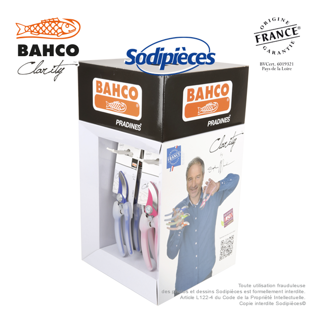 Présentoir sécateur Clarity Bahco Pradines. 12 sécateurs acier trempé. Rose, bleu, vert, orange