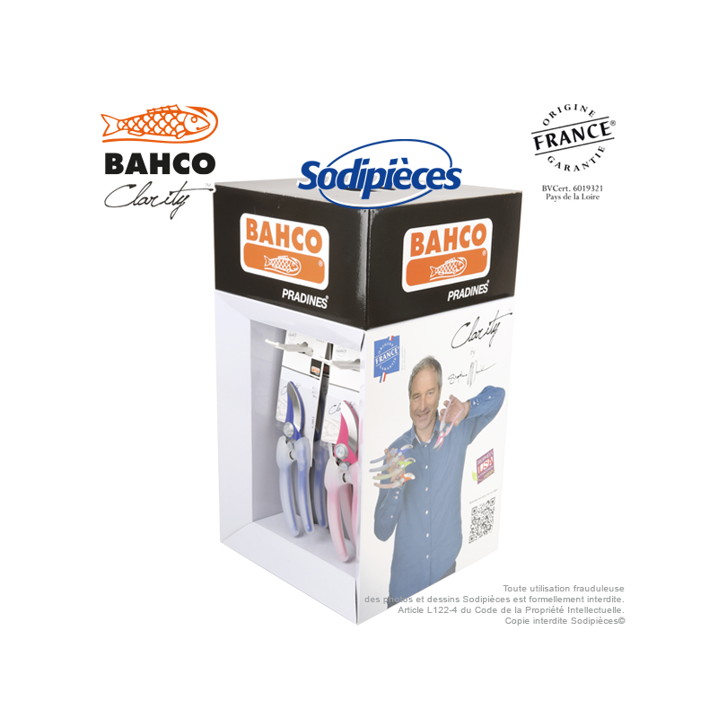 Présentoir sécateur Clarity Bahco Pradines. 12 sécateurs acier trempé. Rose, bleu, vert, orange