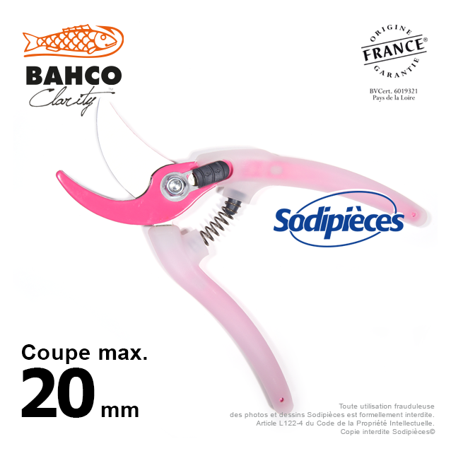 Sécateur acier trempé Clarity Bahco Pradines PG-05-Pink. 20 mm. Confort. Fabriqué en France
