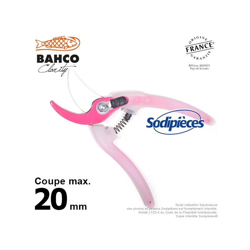 Sécateur acier trempé Clarity Bahco Pradines PG-05-Pink. 20 mm. Confort. Fabriqué en France