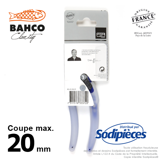 Sécateur acier trempé Clarity  Bahco Pradines PG-05-Blue. 20 mm. Confort. Fabriqué en France