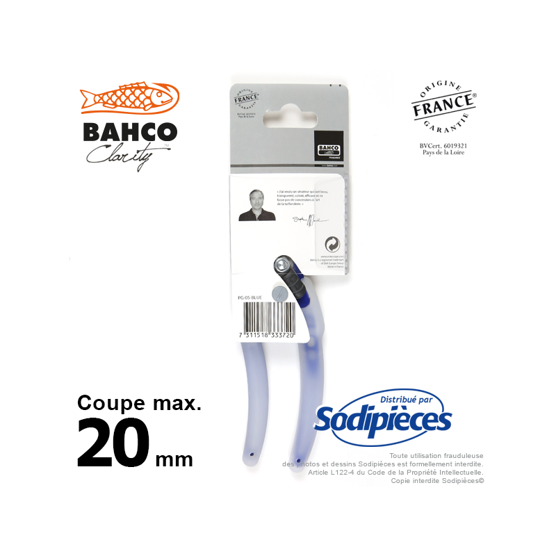Sécateur acier trempé Clarity  Bahco Pradines PG-05-Blue. 20 mm. Confort. Fabriqué en France