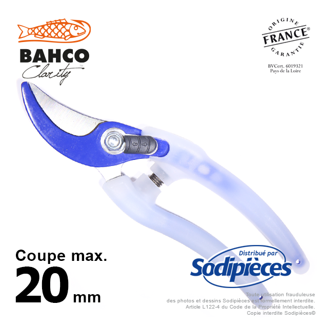 Sécateur acier trempé Clarity  Bahco Pradines PG-05-Blue. 20 mm. Confort. Fabriqué en France
