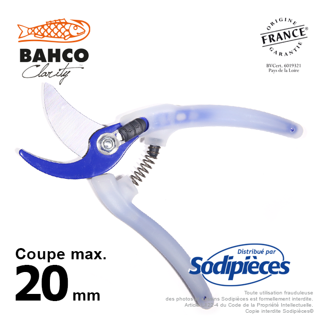Sécateur acier trempé Clarity  Bahco Pradines PG-05-Blue. 20 mm. Confort. Fabriqué en France