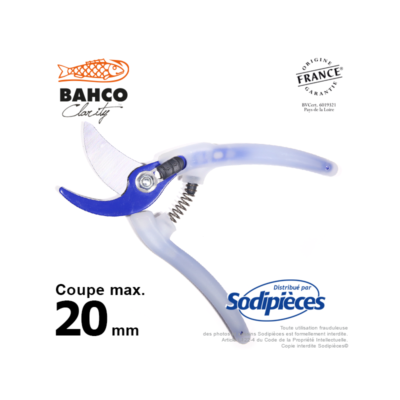 Sécateur acier trempé Clarity  Bahco Pradines PG-05-Blue. 20 mm. Confort. Fabriqué en France