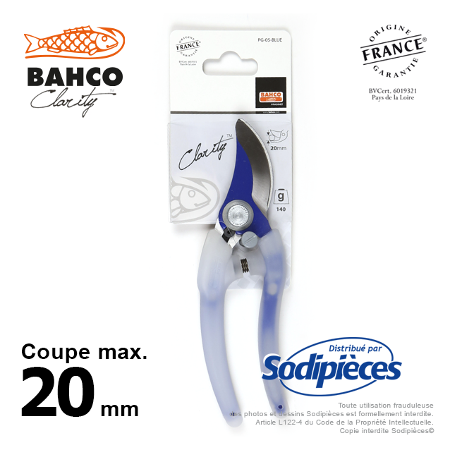 Sécateur acier trempé Clarity  Bahco Pradines PG-05-Blue. 20 mm. Confort. Fabriqué en France