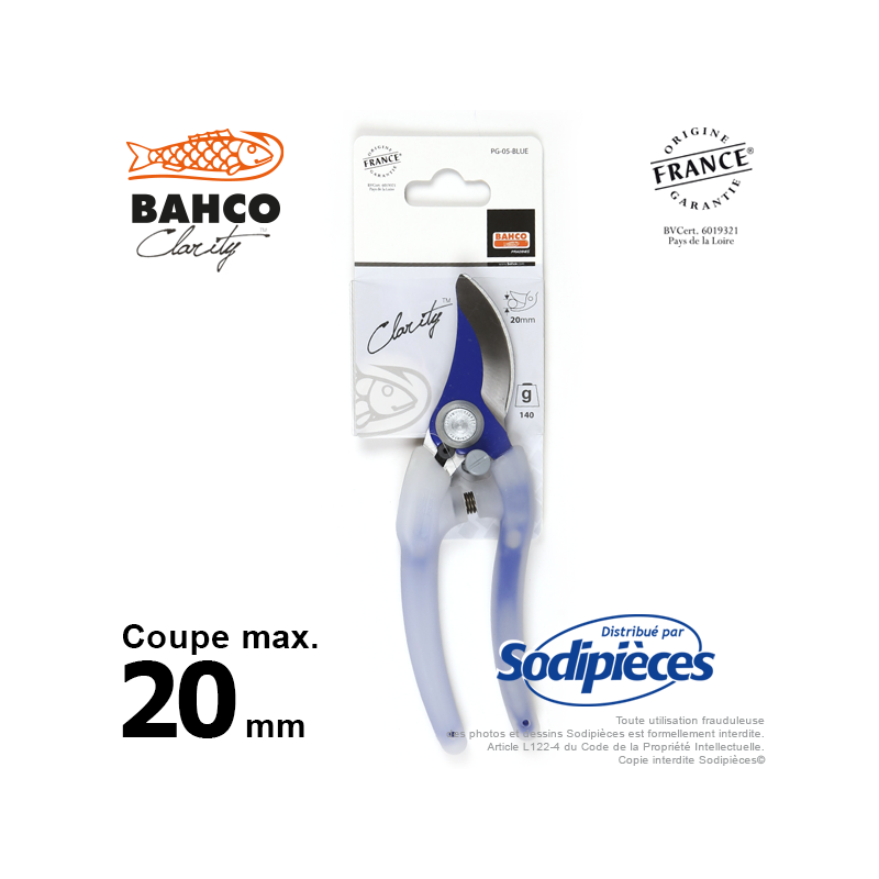 Sécateur acier trempé Clarity  Bahco Pradines PG-05-Blue. 20 mm. Confort. Fabriqué en France