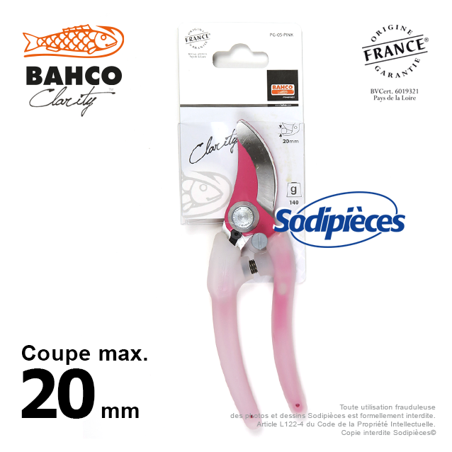 Sécateur acier trempé Clarity Bahco Pradines PG-05-Pink. 20 mm. Confort. Fabriqué en France