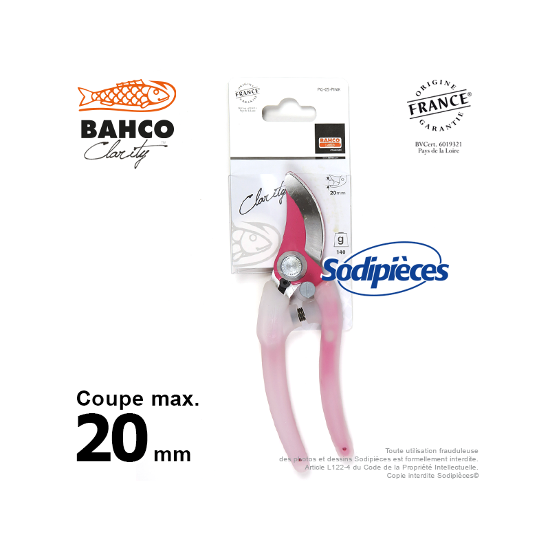 Sécateur acier trempé Clarity Bahco Pradines PG-05-Pink. 20 mm. Confort. Fabriqué en France