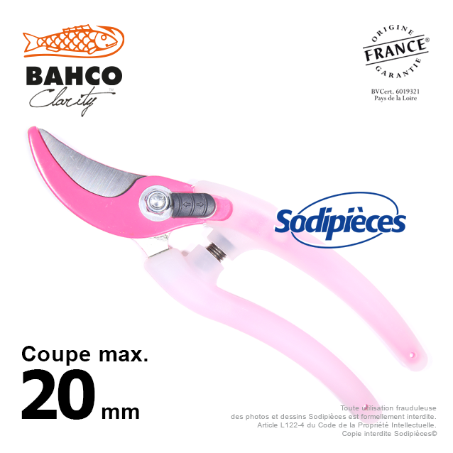Sécateur acier trempé Clarity Bahco Pradines PG-05-Pink. 20 mm. Confort. Fabriqué en France