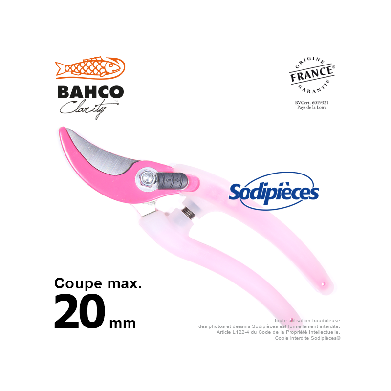 Sécateur acier trempé Clarity Bahco Pradines PG-05-Pink. 20 mm. Confort. Fabriqué en France