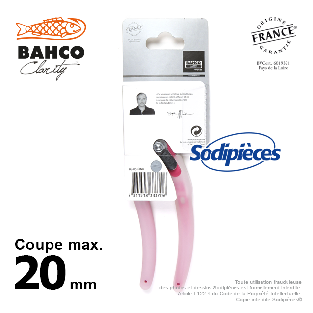 Sécateur acier trempé Clarity Bahco Pradines PG-05-Pink. 20 mm. Confort. Fabriqué en France