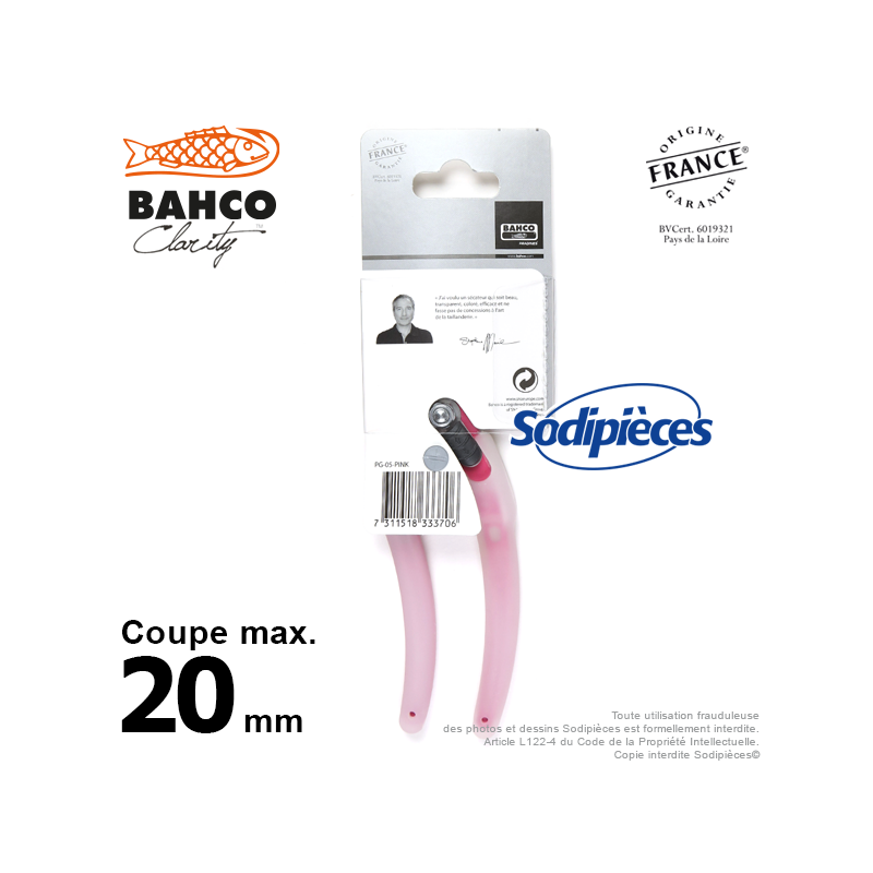 Sécateur acier trempé Clarity Bahco Pradines PG-05-Pink. 20 mm. Confort. Fabriqué en France