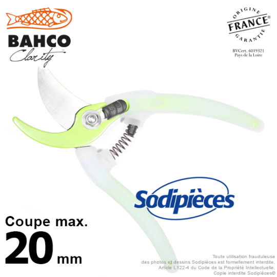 Sécateur acier trempé Clarity Bahco Pradines PG-05-Green. 20 mm. Confort. Fabriqué en France